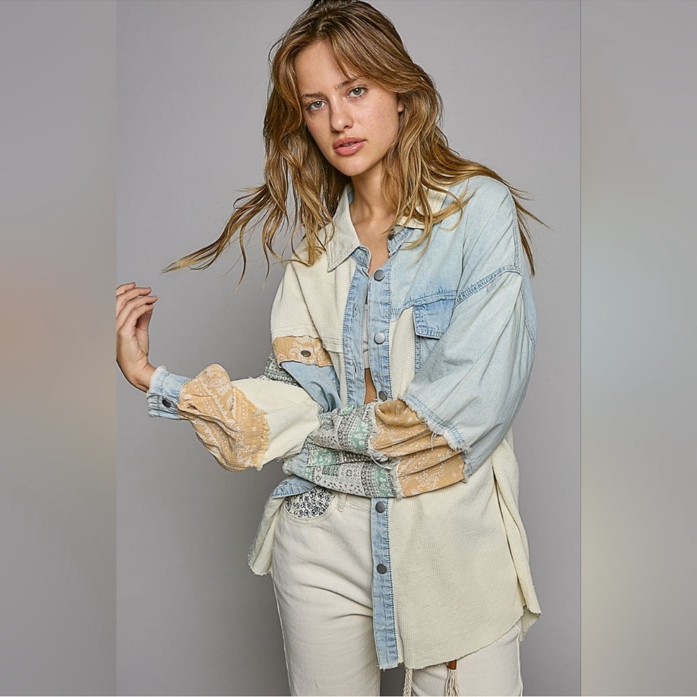 Pol waffle knit Patchwork Denim Button-Up Shirt